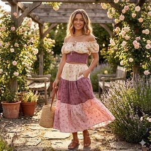 Sienna Sky Cream and Dusty Rose Smocked Top and Maxi skirt set women’s L